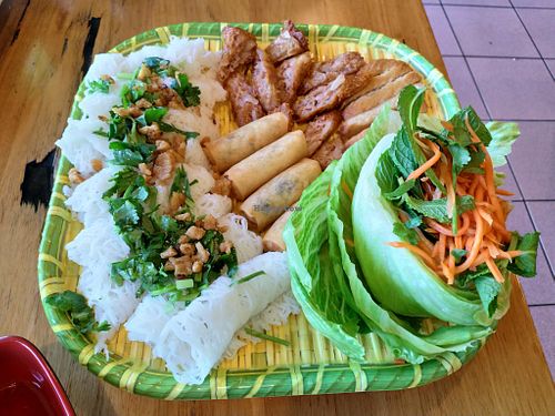 Fine Vermicelli with vegan grilled pork, baked rolls and spring rolls at Saigon Xua Vegan Restaurant in Springvale