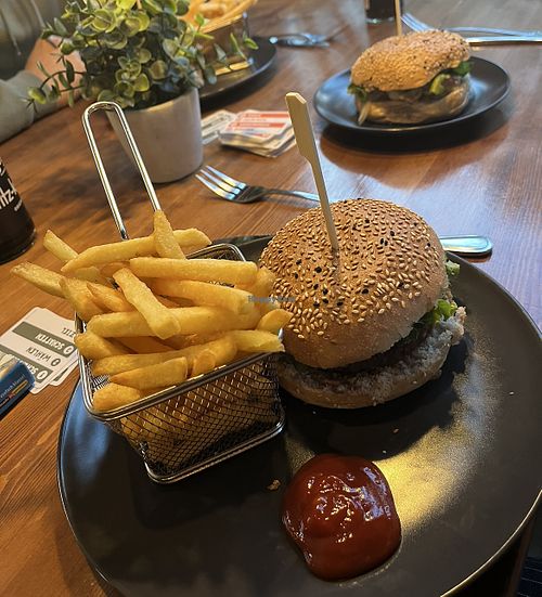 Korean BBQ Burger + super crunchy fries   at Kenkō Burger in Leipzig