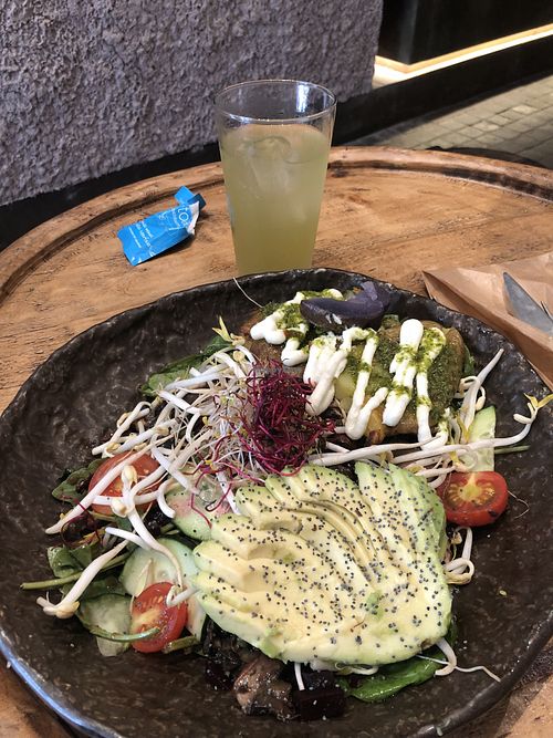 Avocado salad with smashed potatoes 🥔  at Honest Greens - Born in Barcelona