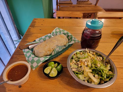 A burrito with the salad and agua de jamaica combo at Señor Lechuga in Morelia