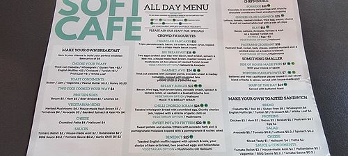 Menu as at 28 June 2025 at Soft Cafe in Geelong