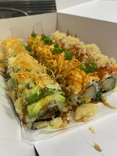 About $12-15 each roll.
My favorite is the caterpillar roll. I’m thankful that they have a nice vegan selection that is flavorful and exciting. at Omakase To Go in Grand Prairie