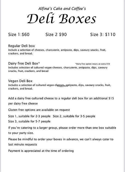 Vegan Deli boxes with cultured cashew cheese at Alfina's Cake & Coffee in Eatons Hill