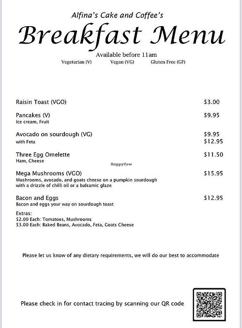 Raisin toast - Vegan option
Avocado on sourdough - Vegan
Mega Mushrooms - Vegan option
Three Egg Omelet - VEG at Alfina's Cake & Coffee in Eatons Hill