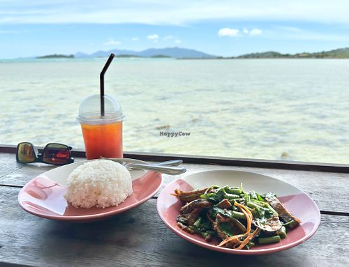 Amazing vegan fried fish. It says spicy but was just the right level for most I'm sure. at Tamachat Vegan Food - ธรรมชาติ in Koh Samui
