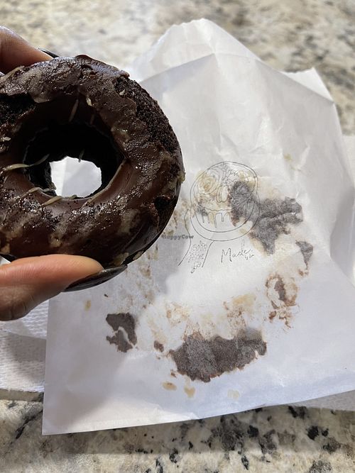 Chocolate Espresso donut vegan and gluten-free. I didn’t care for it. Packaging also takes a lot of the icing  at Made. by Lia in Florissant