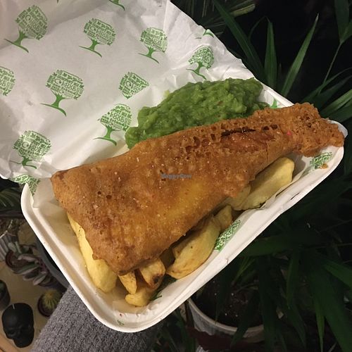 GF vish & chips w/ mushy peas  at JJ's Vish & Chips in Manchester