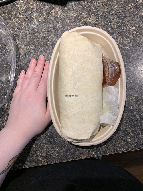 Huge Nashville hot chick’n burrito  at Under the Ground Blono in Downs