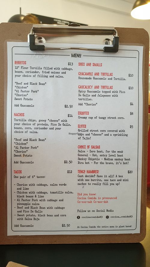 Menu at Cocina Comida in Adelaide