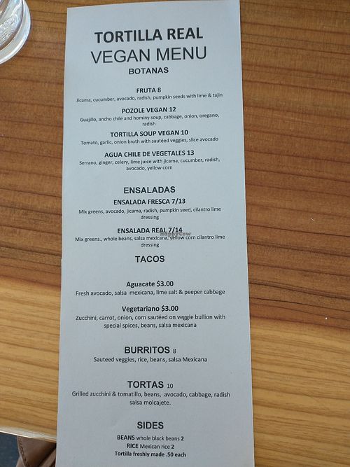 Vegan menu at TORTILLA REAL   in Petaluma