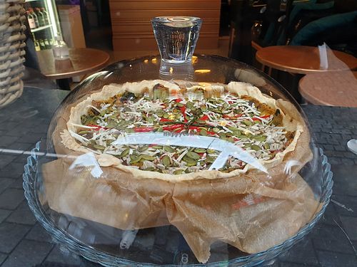 Vegan quiche with bio mushrooms, spinach, red peppers, tomatoes, pumpkin/sunflower seeds with vegan cheese at We Love Coffee in Leuven