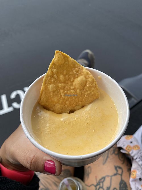 Vegan Queso Dip w/Fresh Tortilla Chips (Enjoyed Camp-Style)  at Más Veggies Taqueria in Corte Madera