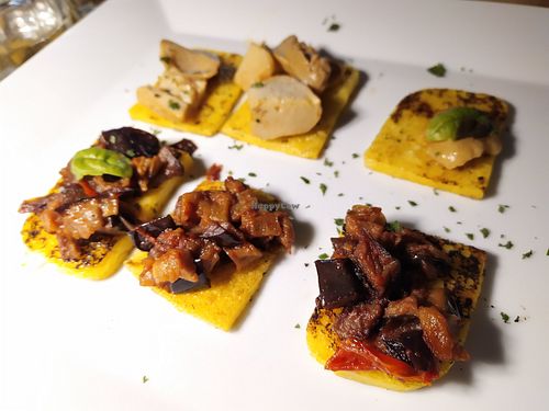 Polenta's bruschette with funghi and eggplants 🍆 at Osteria Casa Pepe in Trieste