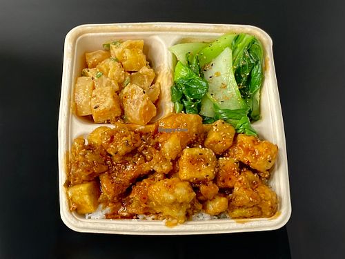 sesame tofu + cauliflower plate w/beet salad + greens at Grillbird in Seattle