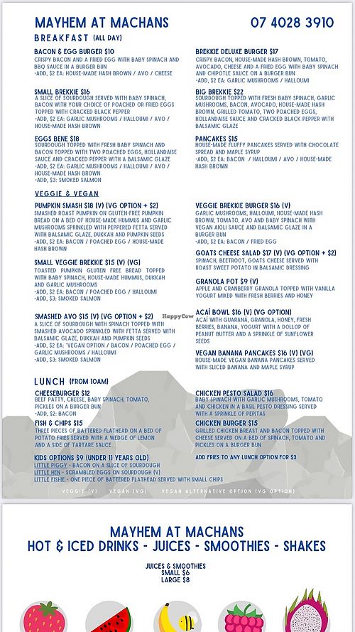 Current menu as of Feb 2021 featuring several vegan options at Mayhem At Machans in Machans Beach