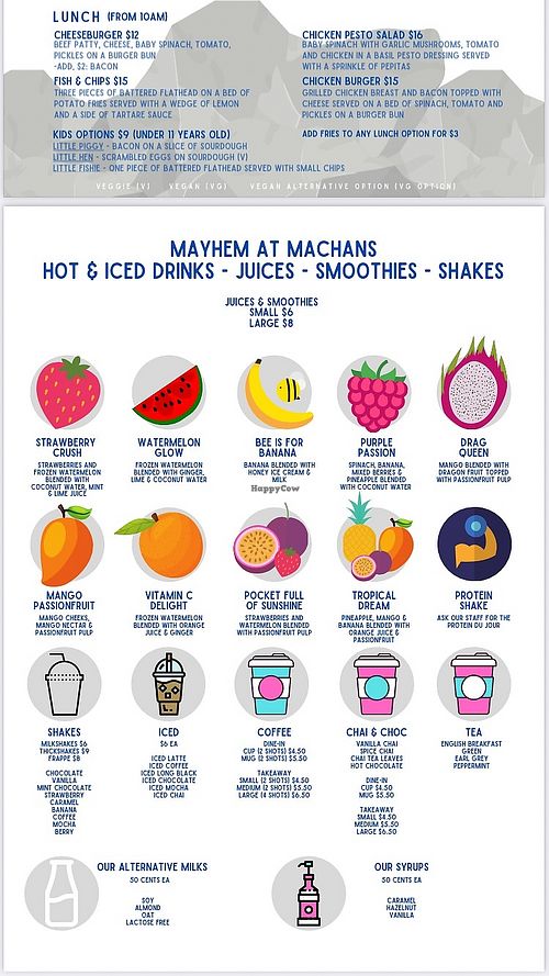 Current menu as of Feb 2021.  at Mayhem At Machans in Machans Beach