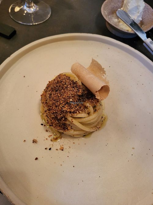 Spaghetti, seasoned breadcrumbs, dried beer yeast. Delish! at Altatto in Milan