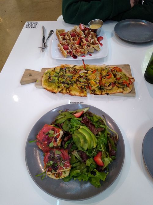 Top to bottom: waffles, la vegana, tofu benedict at Belse in Dallas