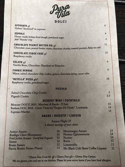 Dessert menu  at Pura Vita in Redondo Beach