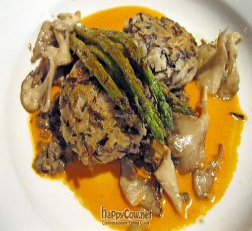 Wild Rice and Cremini Risotto Croquettes with Shiitake mushrooms, roasted red pepper puree, asparagus and French lentils at Caravan of Dreams in New York City