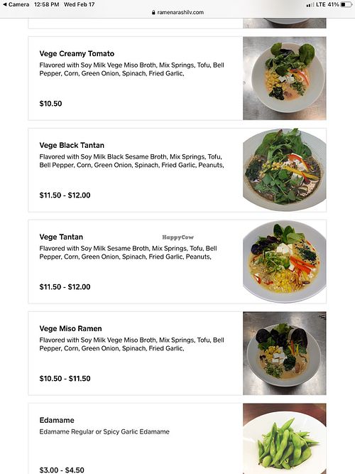 Vegan items from menu at Ramen Zero in Las Vegas