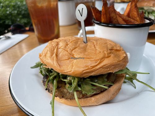 Vegan omnipork burger including vegan bun and sweet potato fries at Beef & Liberty Burgers - Stanley in Hong Kong Island