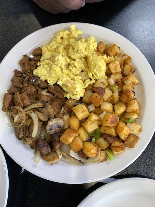 Vegan “steak” and eggs plate  at Black & Blue Diner in Las Vegas