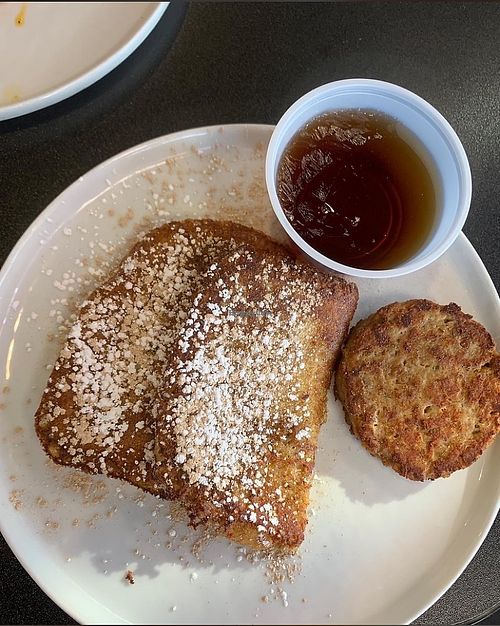 Vegan kid’s menu order of French toast with vegan sausage patty   at Black & Blue Diner in Las Vegas