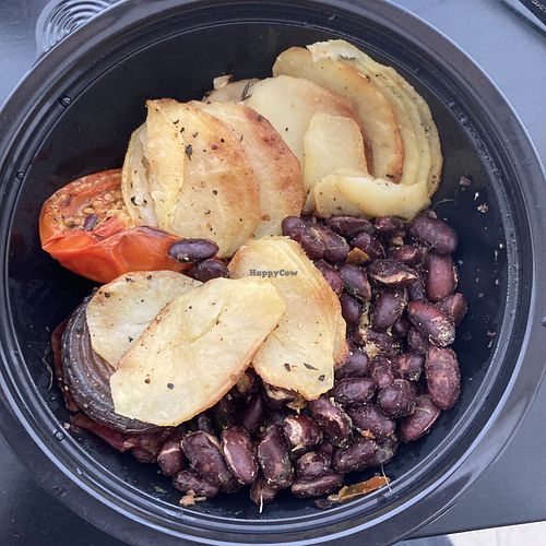 Baked beans, potato, tomato and onion  at Greenish in Tel Aviv