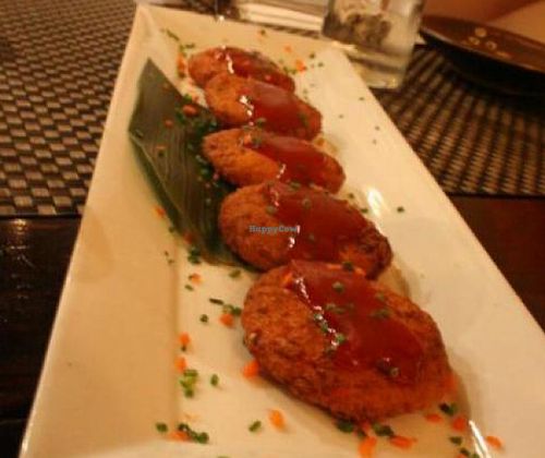 'crab' cake appetizer at Franchia Vegan Cafe in New York City