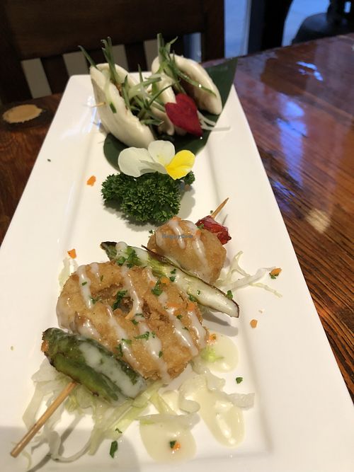 Peking “Duck” Buns & Fried “Calamari” Skewer  at Franchia Vegan Cafe in New York City