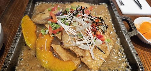 Braised tofu with kabocha and eggplant at Franchia Vegan Cafe in New York City