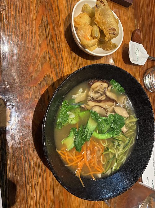Udon “shrimp” noodles  at Franchia Vegan Cafe in New York City