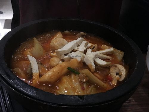 Spicy rice cake stew (very very spicy!) at Franchia Vegan Cafe in New York City