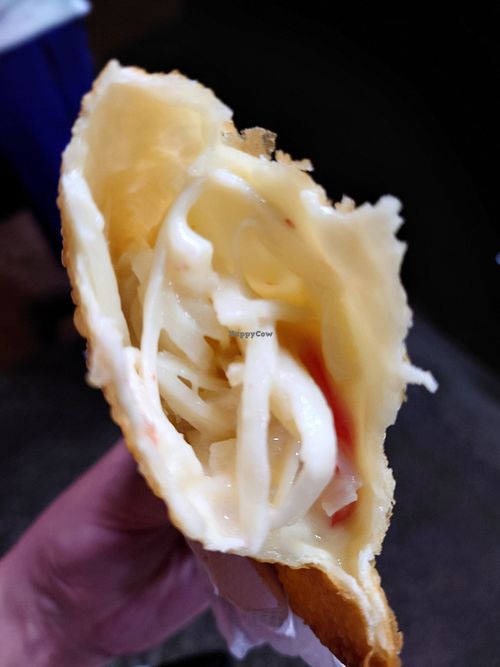 Pastel with palmito, tomato and vegan cheese filling at Namasveg Plant Food in Ubatuba