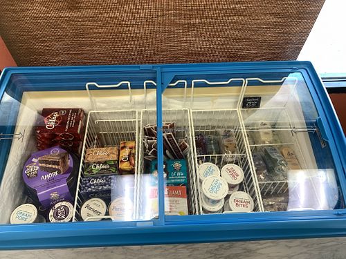 Ice cream case at Urthly Vegan Market in Garden Grove
