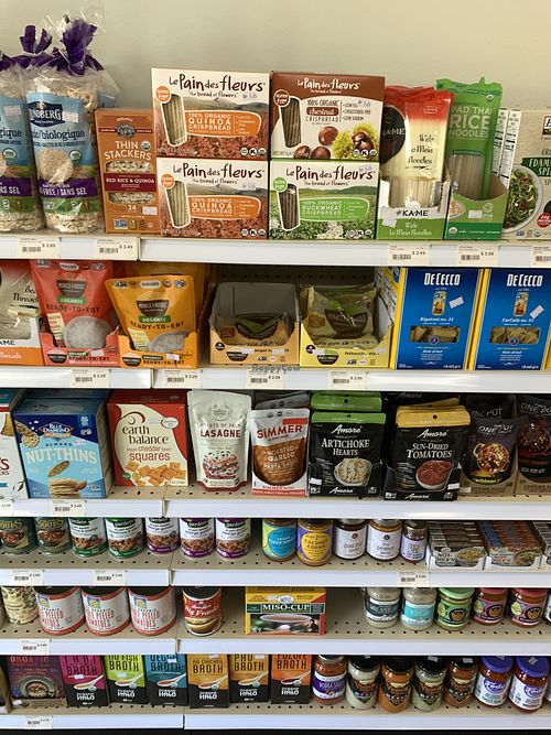 Pasta, crackers and sauces at Urthly Vegan Market in Garden Grove