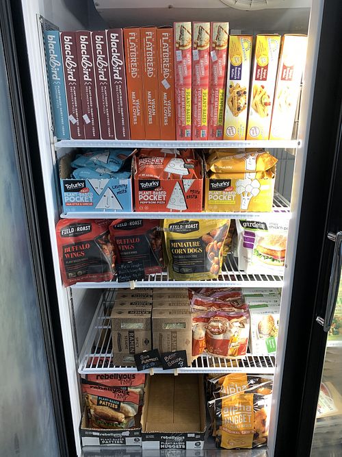 Frozen food section 3 at Urthly Vegan Market in Garden Grove