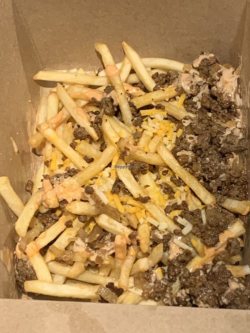 Hella saucy fries at Hella Vegan Sandwiches in Fresno