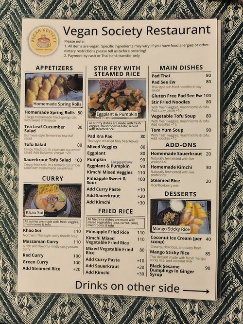 Menu at Vegan Society in Chiang Mai