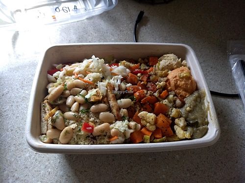 A Mediterranean vegan bowl. Three dips, rice, veggies, pita crisps, and a ton of other options. at Olive Oil Grille in Camp Hill