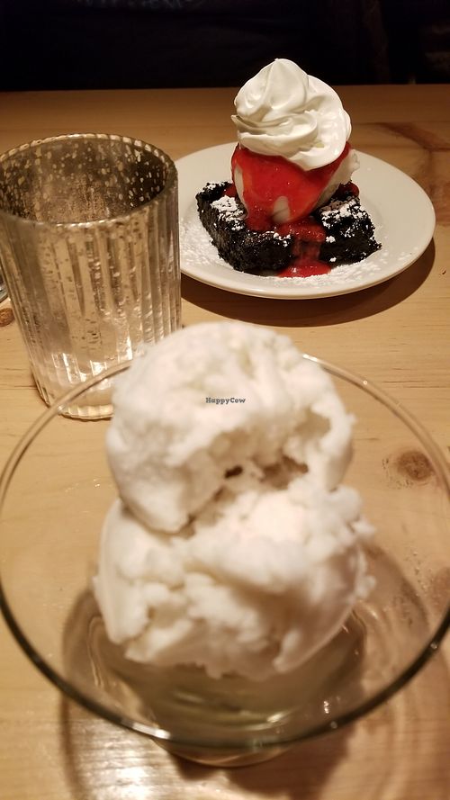 Brownie, hemp ice cream, vegan whipped cream, fresh raspberry sauce.. And house made vanilla hemp ice cream at Dyberry Forks in Honesdale