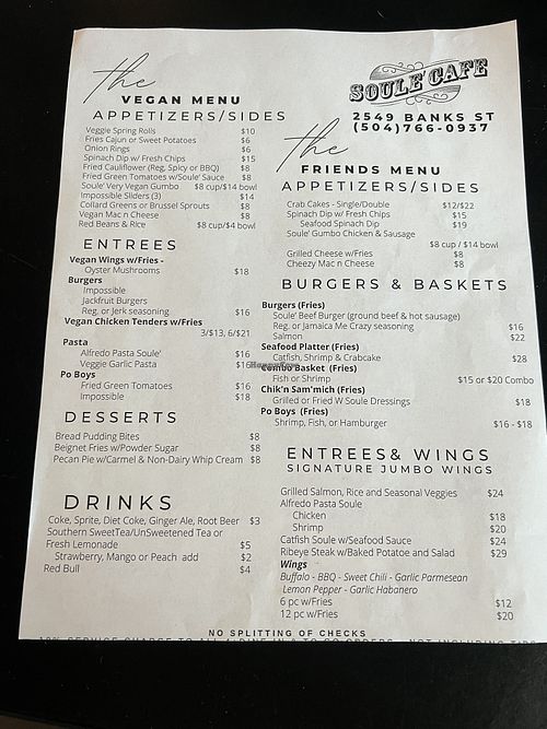 Menu  at Soulé Cafe in New Orleans