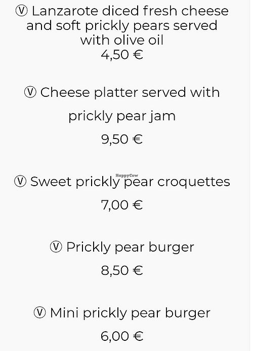 Menu options  at Cactus Garden in Lanzarote