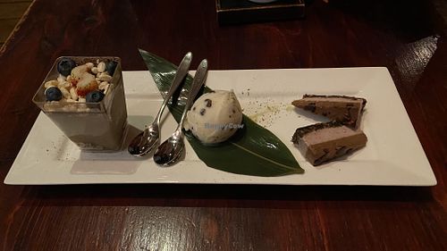 Vegan dessert plate (tiramisu, ice cream, chocolate cake) at HanGawi in New York City