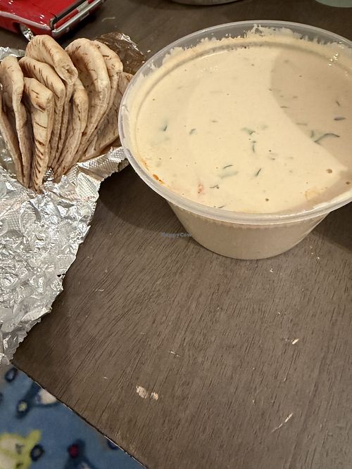 Tahini pita, huge serving of tahini    at Mesoyios in Lake Ronkonkoma