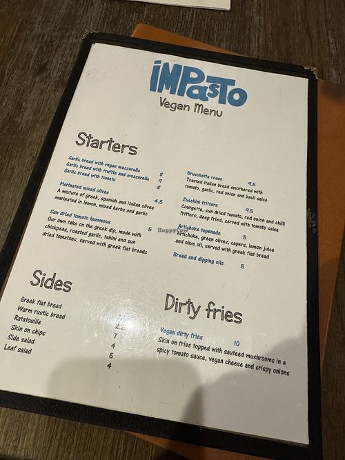Vegan menu  at Impasto in Worcester