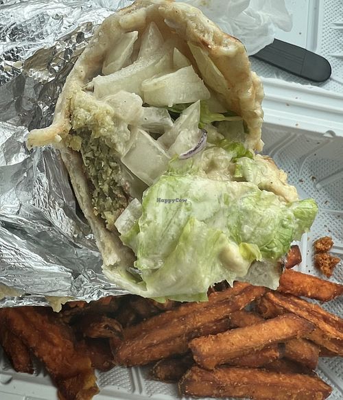 falafel supreme without tomato + sweet potato fries   at Royal Grill 37 in Toms River