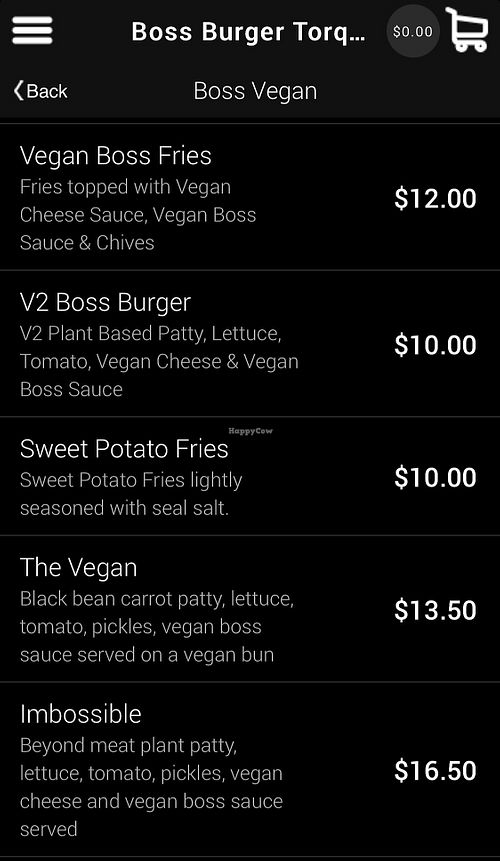Vegan menu via the Boss Burger Torquay App at Boss Burger Co in Torquay