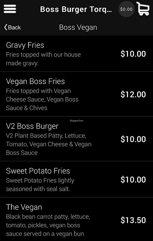 Vegan menu via the Boss Burger Torquay App at Boss Burger Co in Torquay